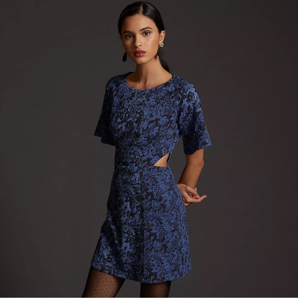 Anthropologie Floral Jacquard Cut-Out Blue Black Short Sleeve Mini Dress EUC 0